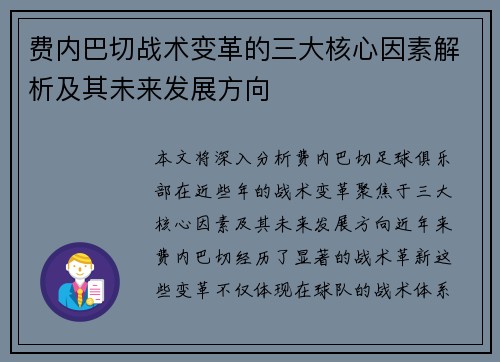 费内巴切战术变革的三大核心因素解析及其未来发展方向